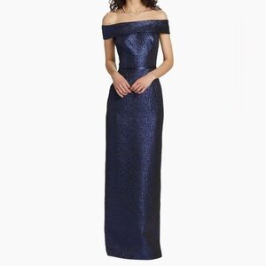 Teri Jon Navy Off-Shoulder Maxi Dress